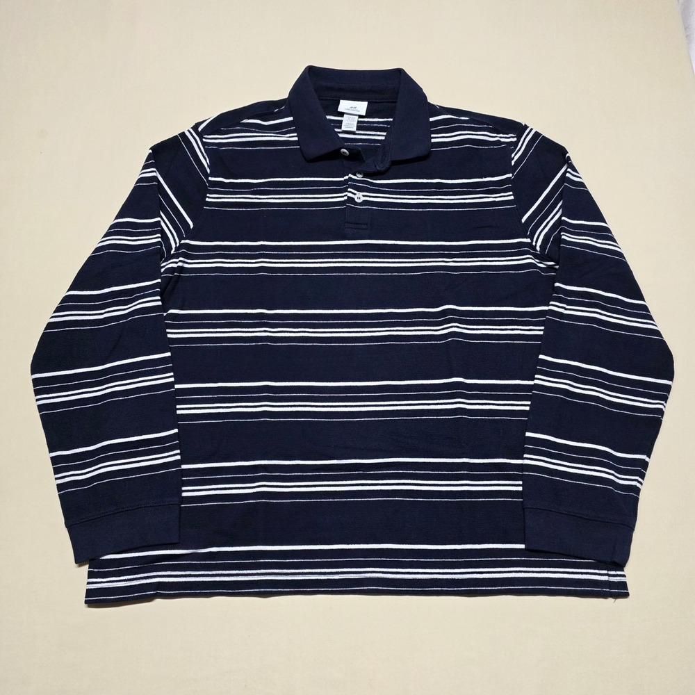 H&M Mens XXL Regular Fit Long Sleeve Polo Shirt Navy Blue White Striped Pullover